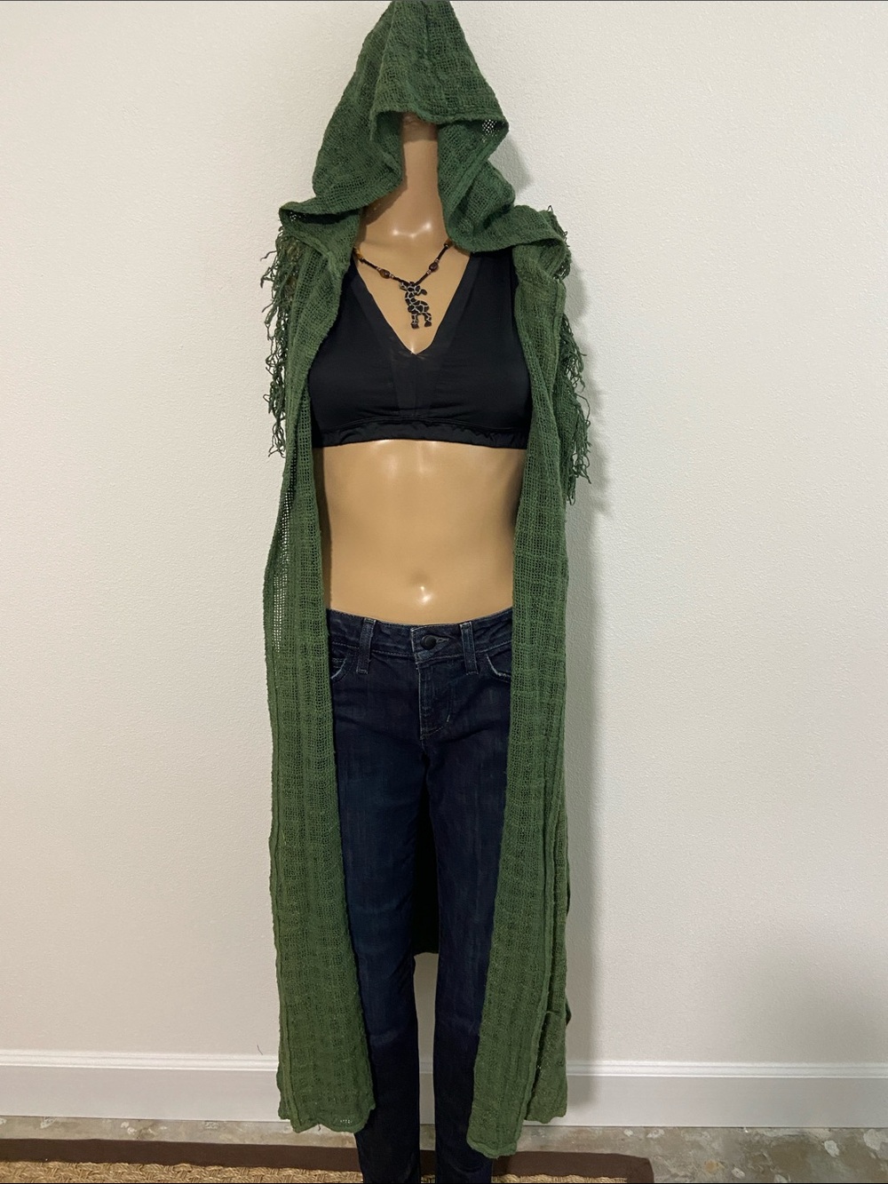 Dark hooded Green Cotton Open-Knit Women’s Boho or fairy vest Sweater